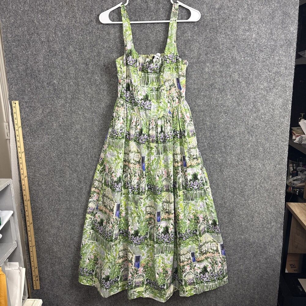 En Saison Molly Corset Cotton Midi Sundress Womens Size L Green floral